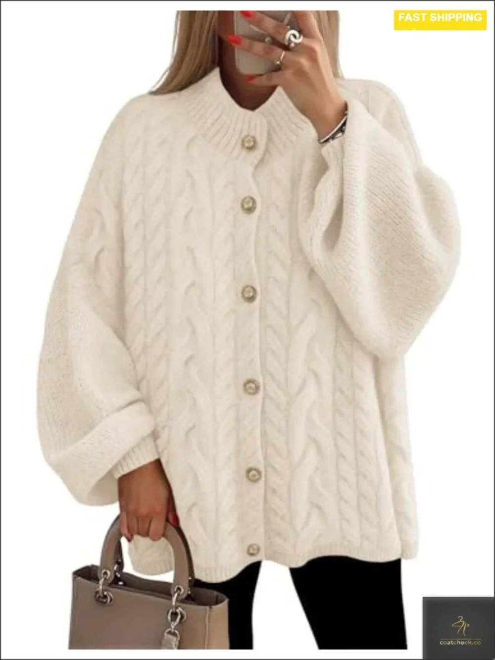 Women's Oversized Lantern Sleeve Chunky Knit Cardigan | Button Down Drop